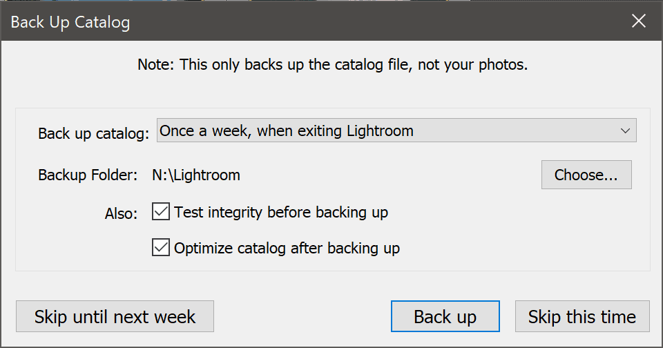 The Lightroom Classic Back Up Catalog function