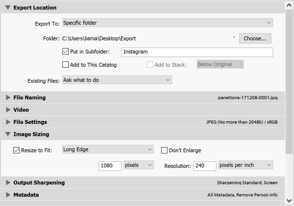 Export settings for Instagram images