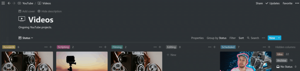 A kanban board for YouTube videos in Notion