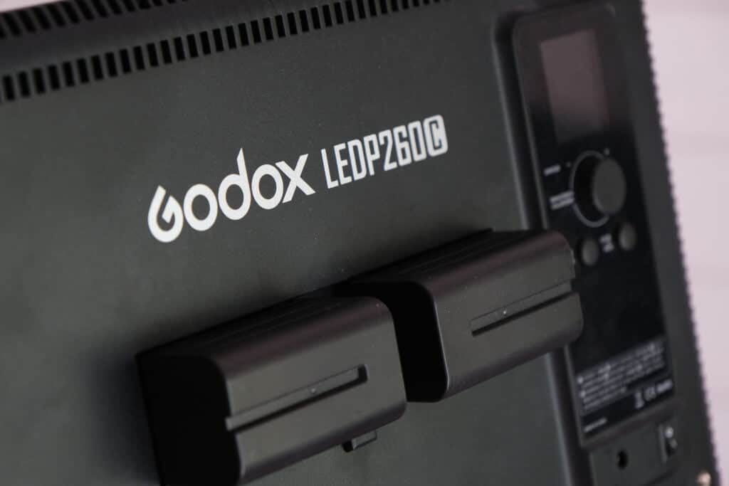 The back of the Godox LEDP260C, where two Sony NP-F750 batteries are mounted.